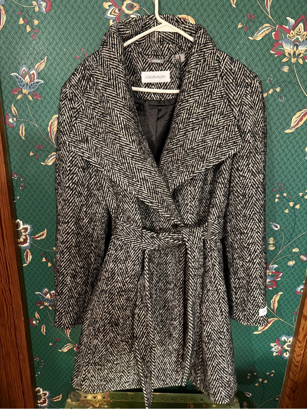 Calvin Klein Black & White Herringbone Wrap Trench Coat